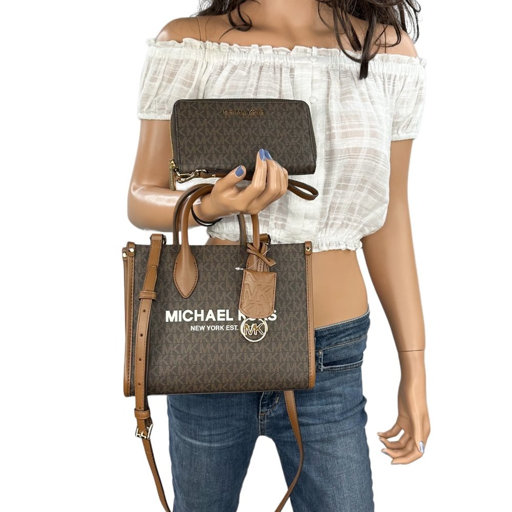 Michael Kors Mirella S Shopper Tote Crossbody Bag + Wallet MK Signature Brown